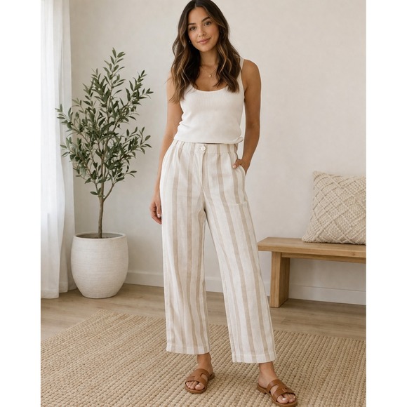 Faherty Pants - Faherty Striped Wide Leg Pants Womens Medium Cream Tan Linen Blend High Rise